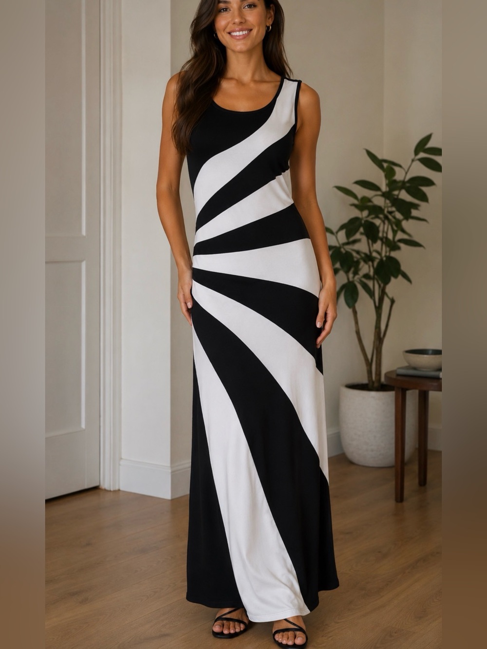 NY & Company Sleeveless Black & White Spiral Maxi Dress - size Large